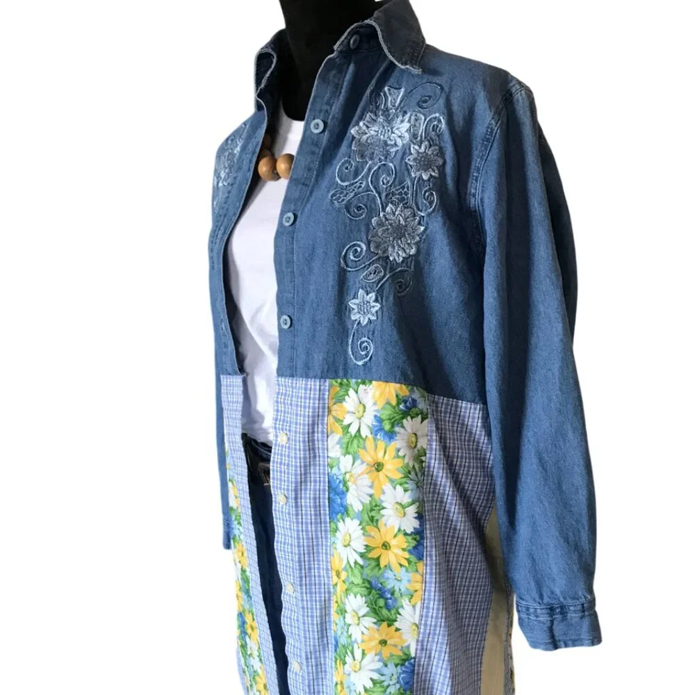 Patchwork Denim Duster, Upcycled Boho Layering Jacket Spring Daisies Size Large - Picture 5 of 14